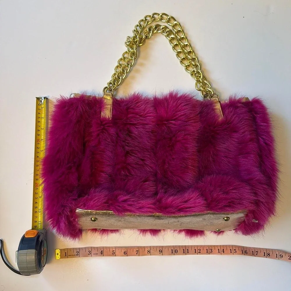 Betsey Johnson Hot Pink Faux Fur Gold Chain Large Tote Bag Y2K Mcbling